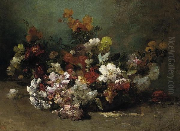 Summer Blooms In A Basket Oil Painting by Eugene Joseph Constant Pierre Petit