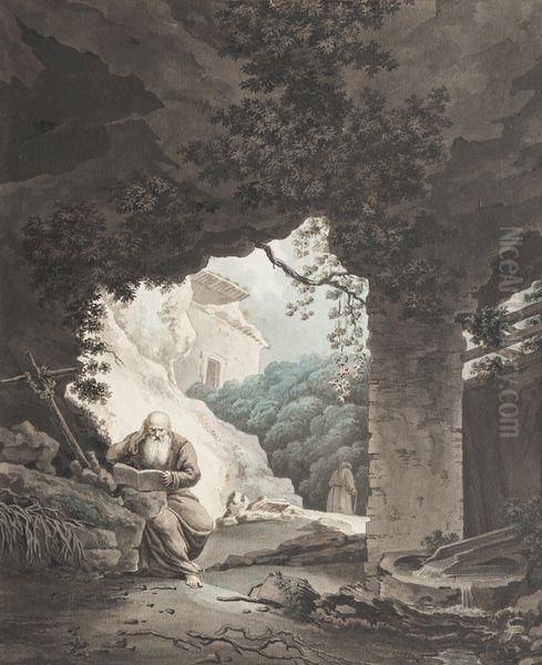 Moine Meditant Dans Une Grotte Oil Painting by Jean Antoine Constantin D'Aix