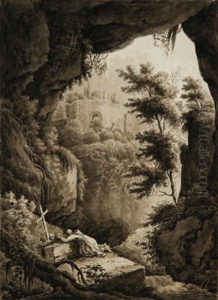 Moine En Priere Dans Une Grotte Oil Painting by Jean Antoine Constantin D'Aix