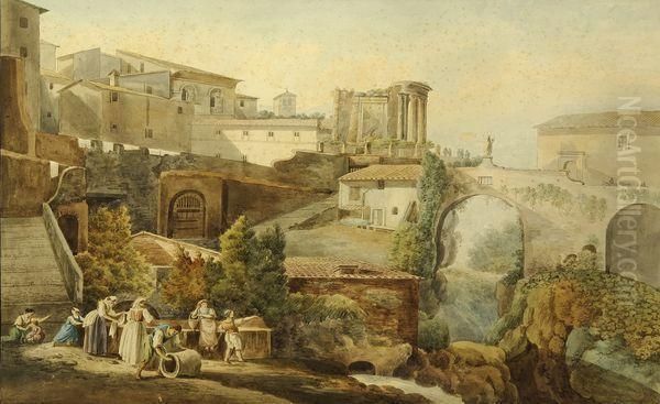 Le Village Et Le Temple De La Sybille A Tivoli Oil Painting by Joseph-Sebastien Constantin