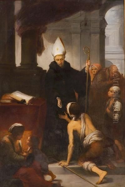 Saint Thomas Of Villanueva Giving Alms To The Poor (after Bartolome Esteban Murillo) Oil Painting by Jose Marcelo Contreras Y Munoz