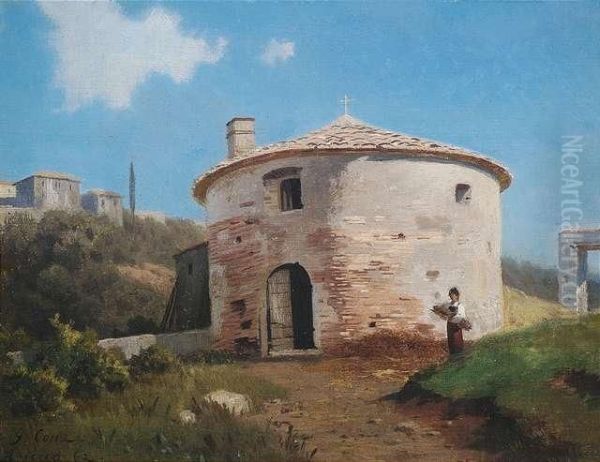 Italian Landscape With Around Church. Oil Painting by Gustav Conz