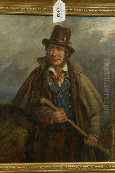 Portrait Of A Gentleman Wearing A Tall Hat With A Clay Pipe In Its Hand, Long Overcoat, Holding A Stick Oil Painting by Charles Henry Cook