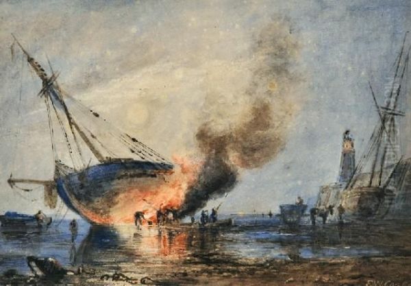 Breaming The Vessel At Night Oil Painting by Ebenezer Wake Cook