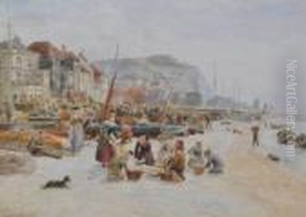 Busy Hastingsbeach Scene With Crowds Of Fisherfolk Sorting The Catch Oil Painting by Ebenezer Wake Cook