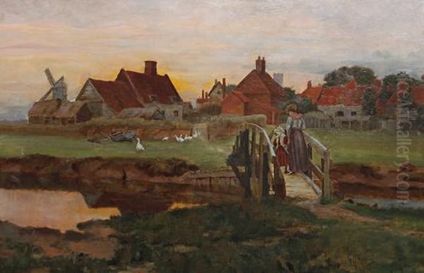 Figures Crossing A Bridge With A Farmstead Beyond Oil Painting by George Edward Cook