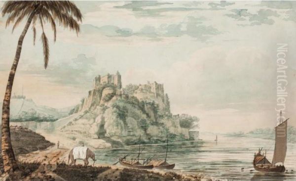 The Fort Of Chunargar On The River Ganges, Near Benares, Seen From The West Side; A View Of An Insulated Rock At Jangerah On The River Ganges, With A Bungerow. Oil Painting by Henry Cook