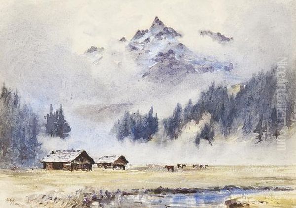 Alpine View With Mist Clearing Oil Painting by Herbert Moxon Cook