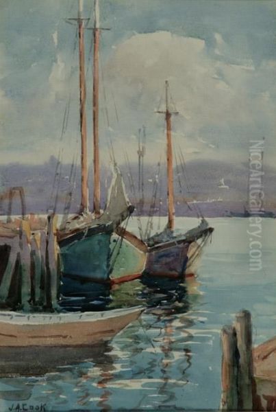 Harbor Scene Oil Painting by John A. Cook