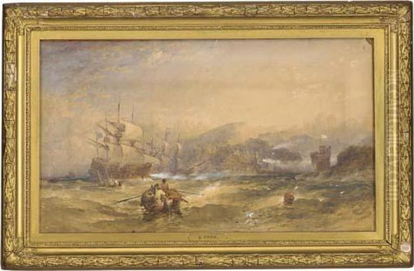 Man O'war Attacking A Fortified Estuary Oil Painting by Samuel Cook Of Plymouth