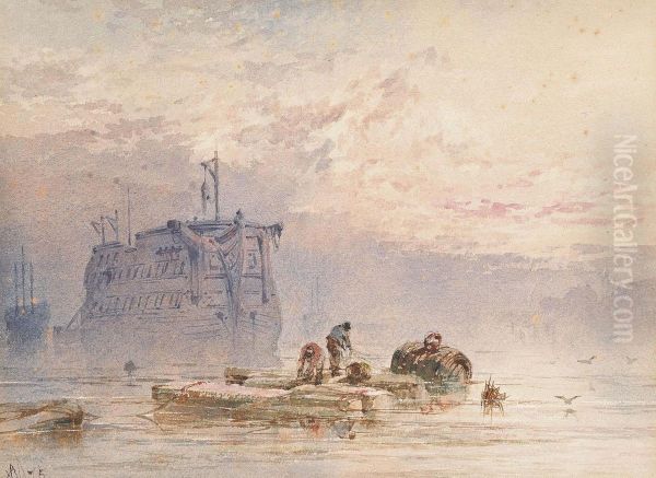 A Breezy Day With Fisherfolk On The Foreshore; And Hulks At Anchor, Sunset Oil Painting by William Cook Of Plymouth