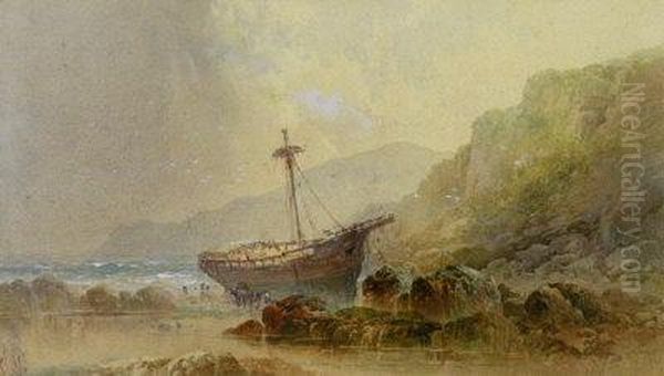 Salvagers At Work On A Beached Sailing Ship Oil Painting by William Cook Of Plymouth