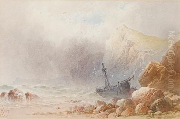 Coastal Inlet With Beached Fishing Boat, Isle Of Wight Oil Painting by William Cook Of Plymouth