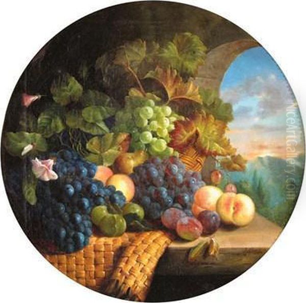 Still Life Of Grapes, Vines And Fruit On A Ledge Oil Painting by Joshua, Cook Snr.