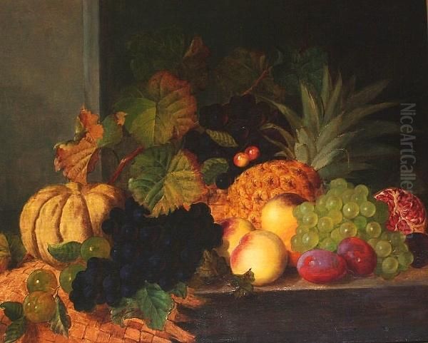 Impressive Still Life Of A Pineapple And Other Fruits Displayed On A Ledge. Oil Painting by Joshua, Cook Snr.