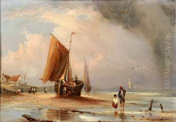 Dutch Fishing Vessel Drying Its Sails On The Beach Oil Painting by Edward William Cooke