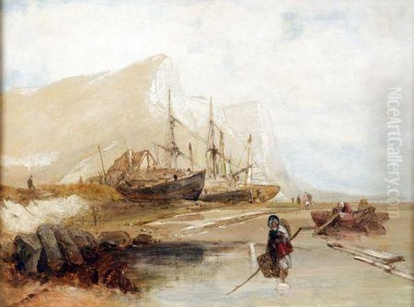 Coastal Scene With Figures And Fishing Boats Oil Painting by Edward William Cooke