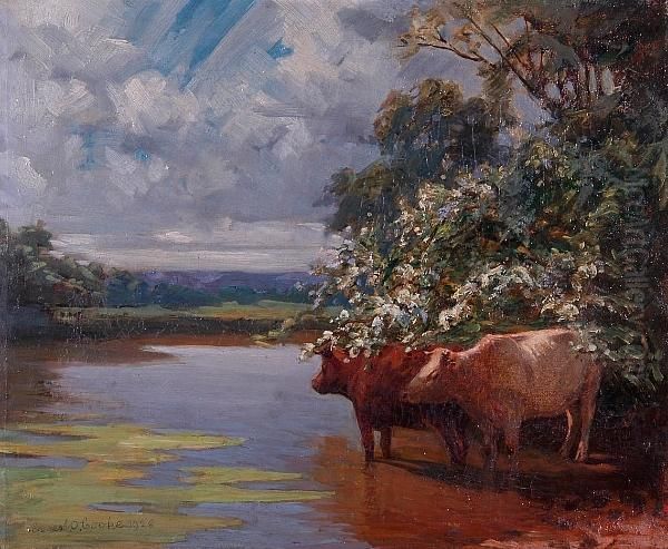 Cattle Watering Oil Painting by Ernest O. Cooke