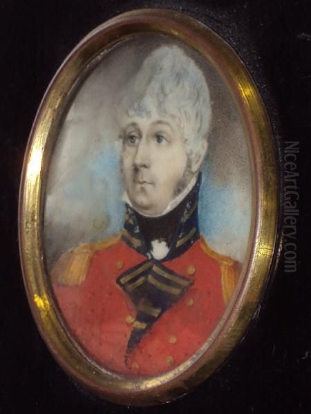 A Portrait Miniature Of An Officer, Wearingscarlet Dress Uniform Jacket With Gold Epaulettes Oil Painting by John Cooke