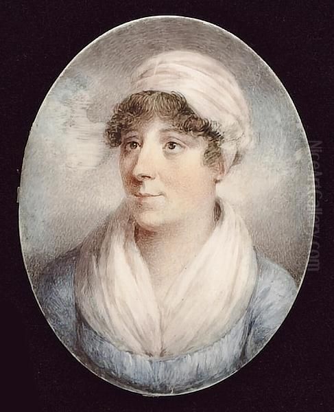 A Lady, Wearing Blue Dress, White Fichu And Turban In Her Hair Oil Painting by John Cooke