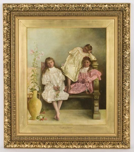 Three Young Girls With Flowers Resting On A Bench Oil Painting by Margaret Murray Cookesley