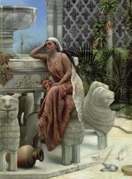 A Restful Moment By The Lion Fountain At The Alhambra, Spain Oil Painting by Margaret Murray Cookesley