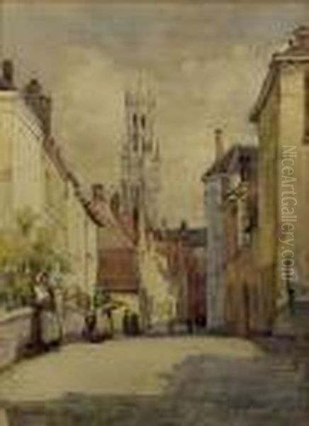 Bruges Street Scene With Figures On A Bridge Oil Painting by May Louise Greville Cooksey