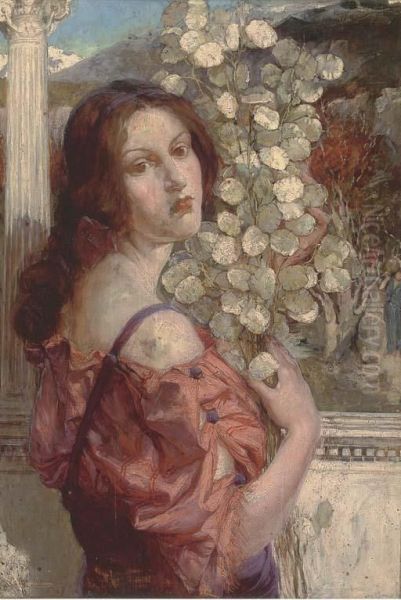 A Young Beauty Holding Honesty Oil Painting by May Louise Greville Cooksey