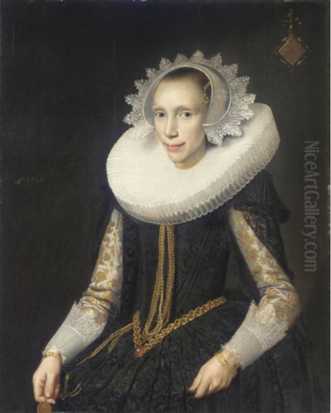 Portrait Of A Young Lady, Half Length, Wearing A Black Dress And An Elaborate Ruff And Headress Oil Painting by Jan Daemen Cool