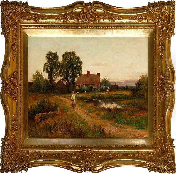 Landscape With Two Women And A Child Near A Farmhouse Oil Painting by V. Coole