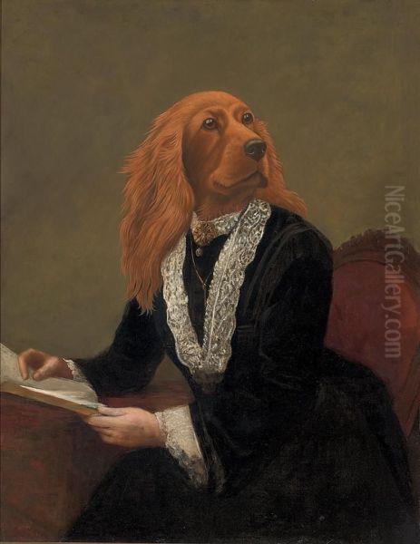 An Anthropomorphic Red Setter, Seated In A Black Dress With Lacecollar And Cuffs Oil Painting by Cassius Marcellus Coolidge