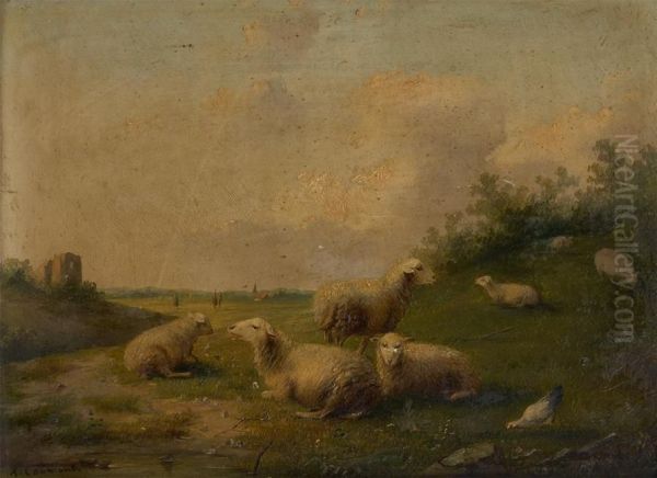 Moutons Devant La Ruine Oil Painting by Auguste Coomans