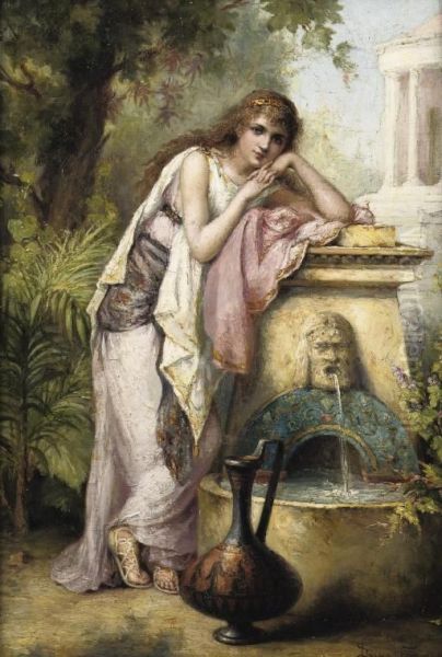 A Young Beauty By A Fountain Oil Painting by Diana Coomans