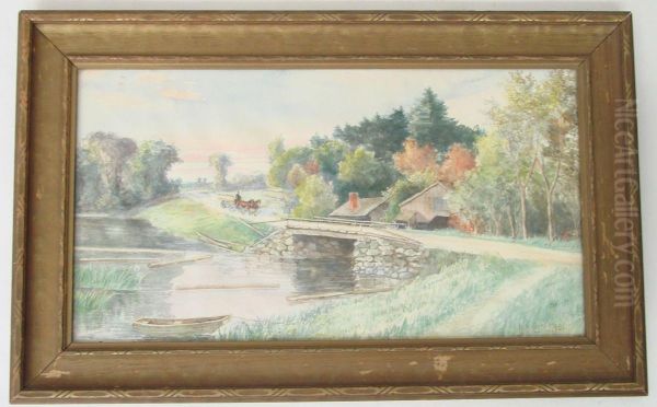 Fall Landscape With Man In A Horse-drawn Carriage Crossing A Bridge Oil Painting by Delbert Dana Coombs