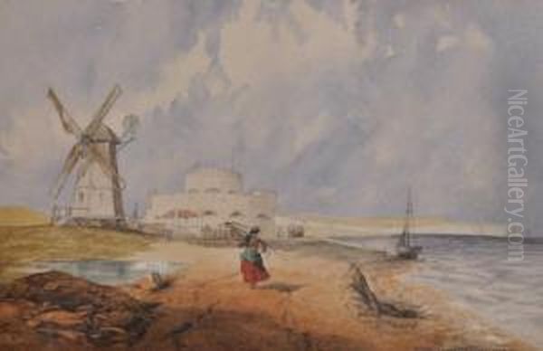 Coastal Scene With A Windmill Oil Painting by Hubert Coop