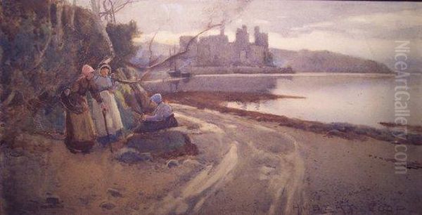 Old Ladies On A Beach Near A Castle, Possibly Caernarvon Oil Painting by Hubert Coop