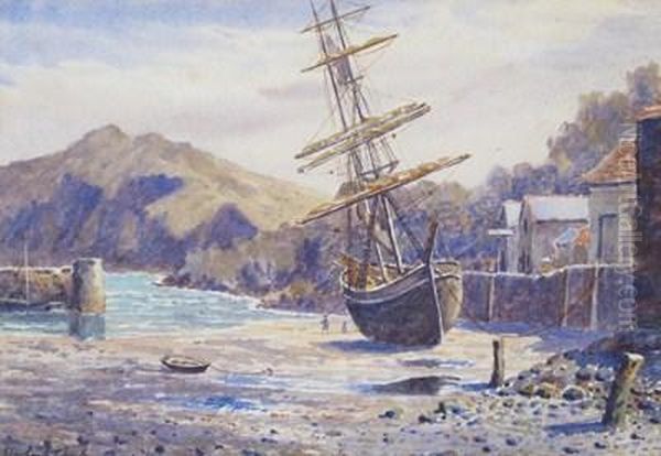 A Boat In A Harbour At Low Tide, Possibly Devon Oil Painting by Hubert Coop