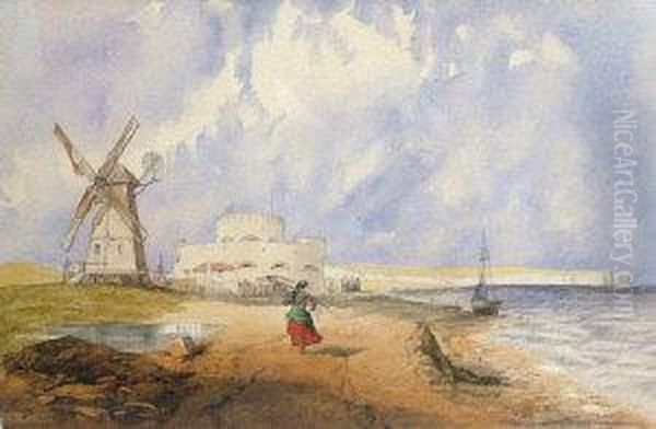 Coastal View With A Windmill And Fortifications Oil Painting by Hubert Coop