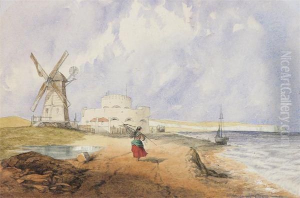 Coastal Scene With Martello Tower And Windmill Oil Painting by Hubert Coop