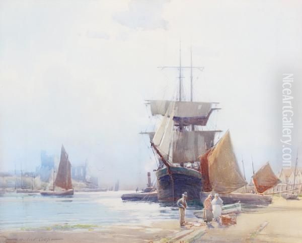 Two Masted Vessel And Tug Boat At Aquayside Oil Painting by Hubert Coop