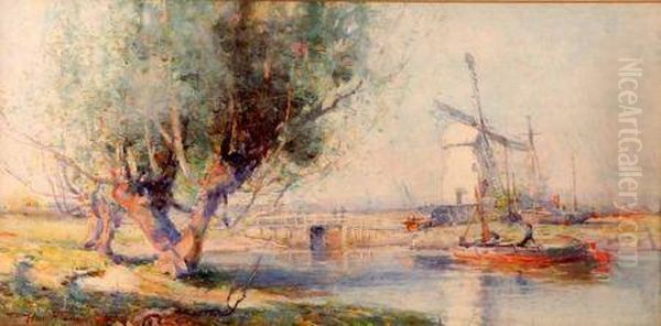 River Scene With Figures In A Boat By A Mill Oil Painting by Hubert Coop