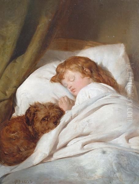 Child Asleep With Terrier Dog Oil Painting by Alexander Davis Cooper