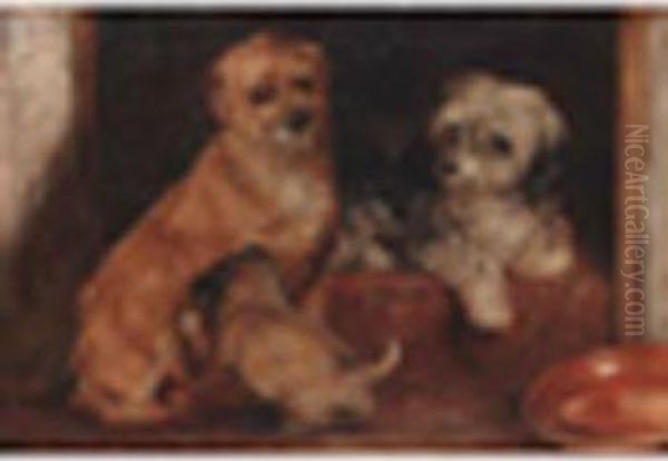 Attributed To Alexander Davis Cooper Terriers In A Kennel Oil On Paper Laid Down On Canvas7 X 10in Oil Painting by Alexander Davis Cooper