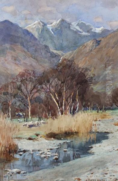 A Quiet Stream, Mountains Beyond Oil Painting by Alfred Heaton Cooper