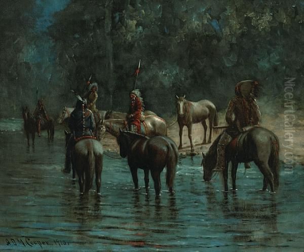 Indians Fording A Stream At Twilight by Astley David Middleton Cooper