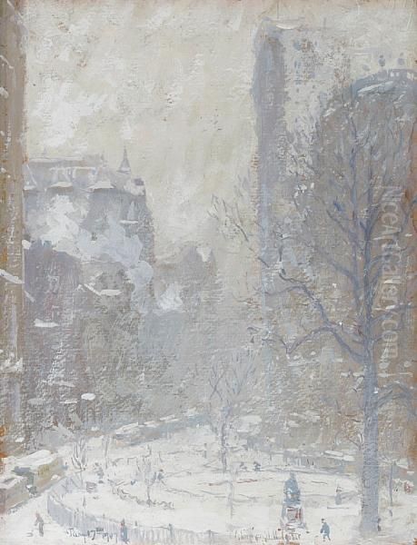 Bowling Green, A Blizzard Oil Painting by Colin Campbell Cooper