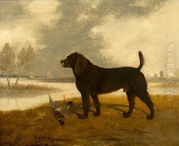 Portrait Of A Water Spaniel With Dead Mallardbefore A Broadland Landscape Oil Painting by Edwin, Archt. Cooper