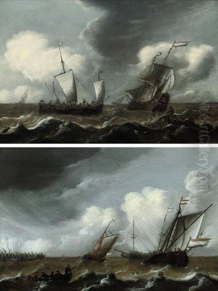 A Dutch Schooner, A Man-o'-war, And A Fishing Boat In Stormy Seas Oil Painting by Pieter Jansz. Coopse