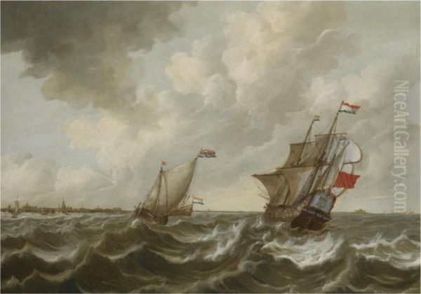 Dutch Shipping In Stormy Waters, Off The Coast Of Middelburg,with A View Of Vlissingen And The Fort Rammekens In Thedistance Oil Painting by Pieter Jansz. Coopse