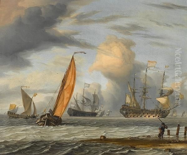 Dutch Vessels In Choppy Seas, A Fisherman Onthe Shore In The Foreground Oil Painting by Pieter Jansz. Coopse